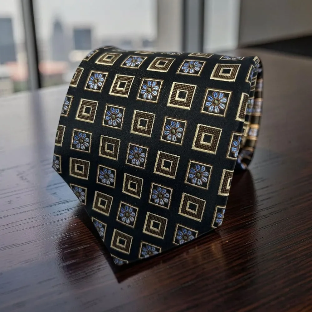 Ermenegildo‎ Zegna Tie Blue Brown Geometric Floral 100% Silk Made in Italy 58.5